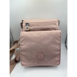 Kipling Pink Nylon Crossbody Bag with Monkey Charm and Multiple Pockets
